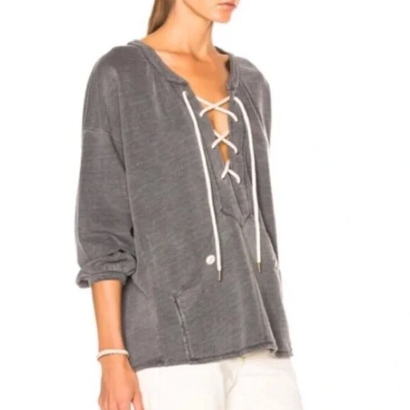 The Great Sweatshirt V-Neck Rope Lace Up Top Long Sleeve Pullover Gray Size 0 XS - Picture 3 of 10